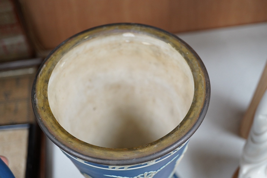 A Victorian blue Jasper oil lamp base, 37cm high. Condition - minor firing cracks to the design in places